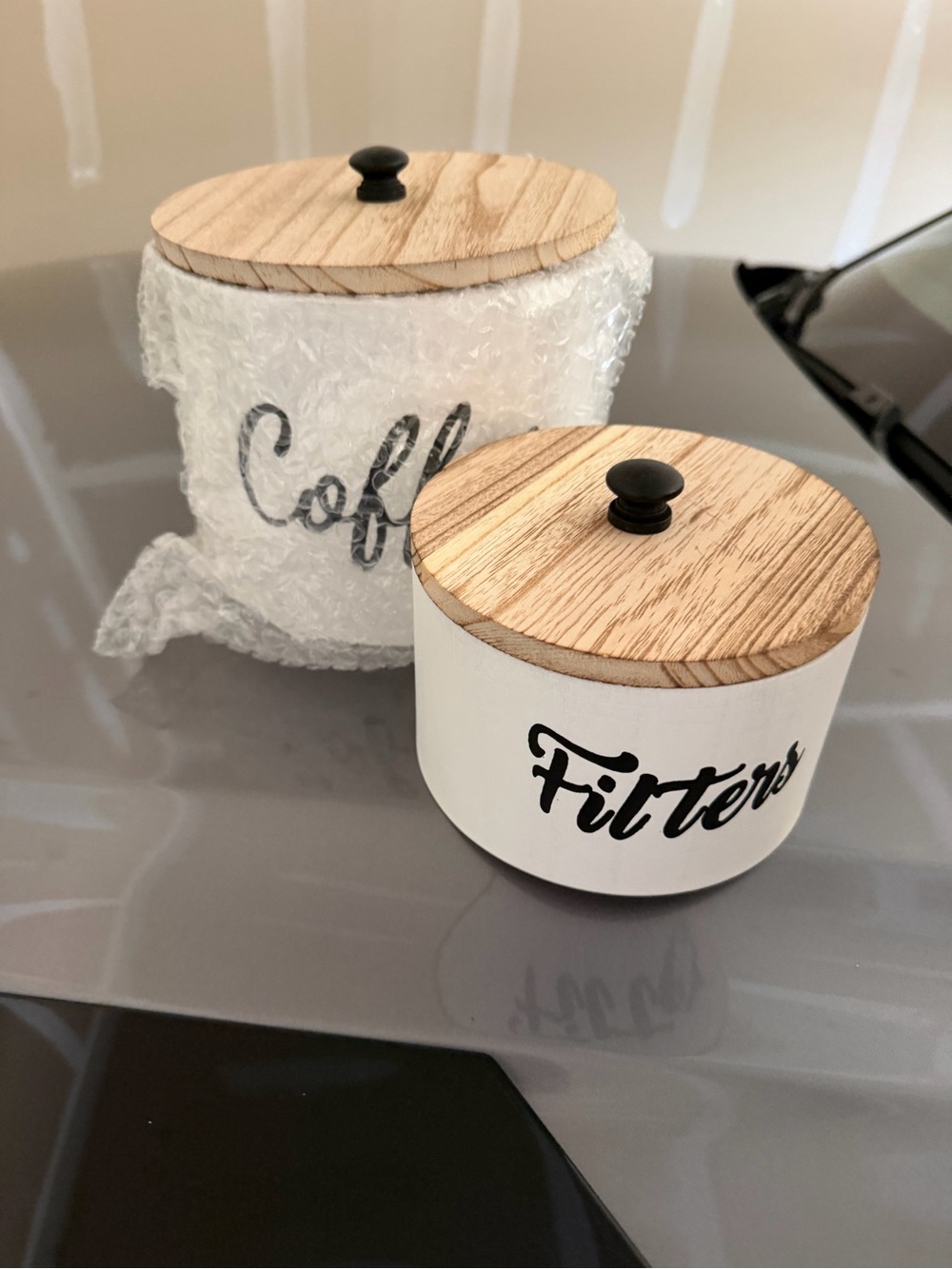 Wood-Lid White Coffee & Filters Storage Canister Set